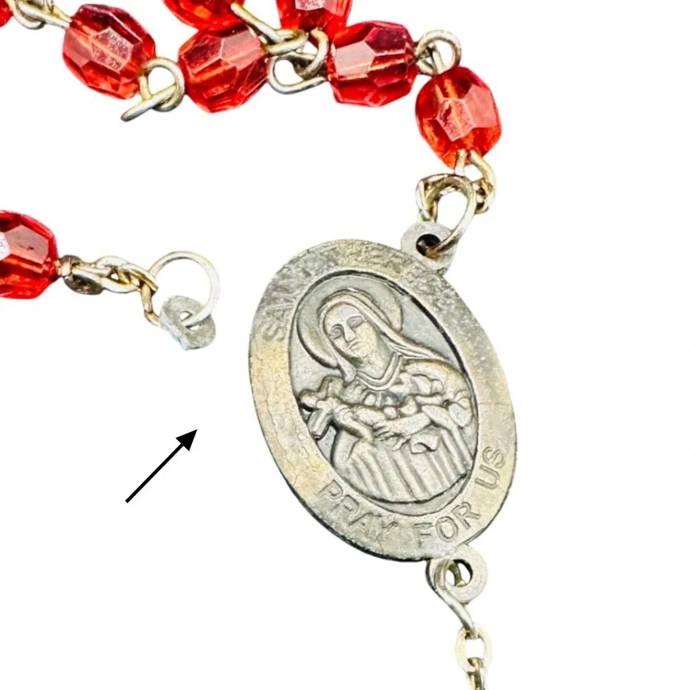 Vintage StTherese of Lisieux Red  Rosary Beads Miraculous Medal Jesus Crucifix‎